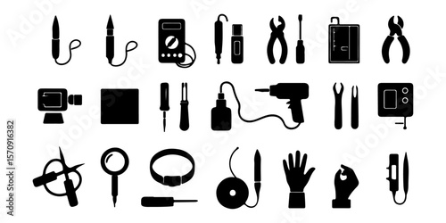 Essential Tools Collection Soldering Irons, Multimeters, Pliers, Screwdrivers, and More for Electronics Repair, DIY Projects, and Technical Tasks