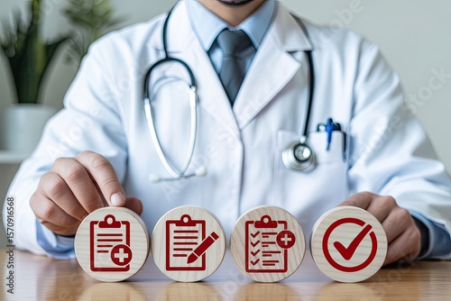 Doctor presenting wooden circles with medical icons representing patient care diagnosis treatment plan and successful outcome