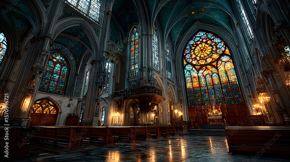 Fototapeta premium Intricate stained-glass window radiating vivid colors inside an elegant gothic church interior