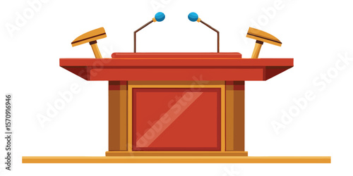 Red podium with microphones and wooden accents lectern