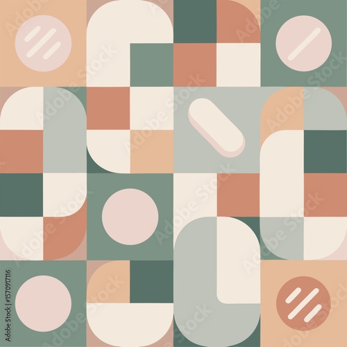 A stylish and minimalist composition featuring an abstract geometric pattern with rounded shapes in earthy tones perfect for decor