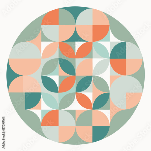 A vibrant circular composition featuring an abstract geometric pattern composed of rounded shapes in soothing pastel colors.