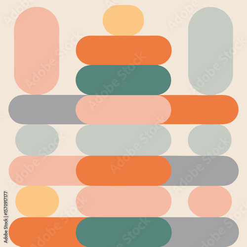 A vibrant abstract geometric pattern composed of various rounded shapes in warm and cool pastel colors and a cream background.