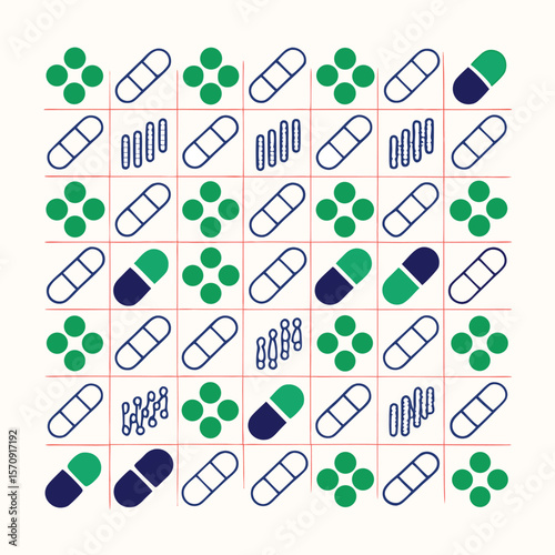 Abstract geometric pattern featuring rounded shapes and blue and green capsules arranged in a symmetrical grid, perfectly suited for design.