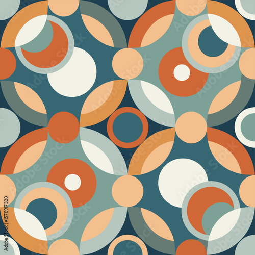 An abstract geometric pattern showcasing a seamless repeating design with various rounded shapes and muted colors perfect for diverse design applications.