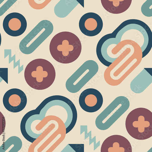 An aesthetically pleasing seamless abstract geometric pattern featuring various rounded shapes in a retro color palette for versatile use.