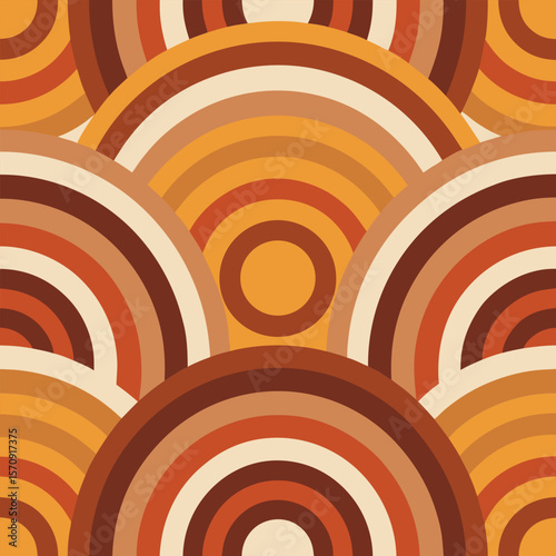 An appealing visual composition featuring a seamless abstract geometric pattern with rounded shapes displaying a warm retro color palette.