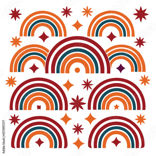 Artistic illustration of an abstract geometric pattern featuring rounded shapes and rainbow arcs with stars and diamonds on a white background