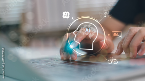 Hands typing on laptop with AI brain interface and smart icons. Concept of artificial intelligence, machine learning, automation, data processing, and next-gen digital innovation.