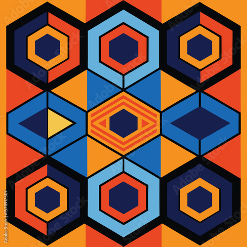 Colorful abstract geometric pattern featuring hexagons triangles and rounded shapes suitable for backgrounds and design elements