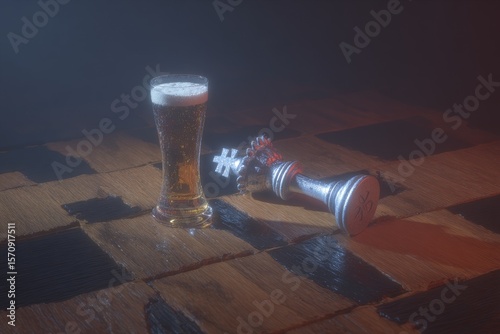 A glass of beer next to a chess piece on a wooden surface. The scene is dimly lit, creating a moody atmosphere with soft shadows.