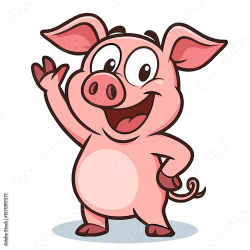Cheerful pink pig mascot waves hello with a friendly smile cartoon