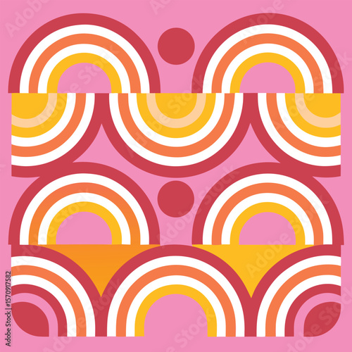 Colorful abstract geometric pattern with rounded shapes on a pink background suitable for backgrounds and various design projects