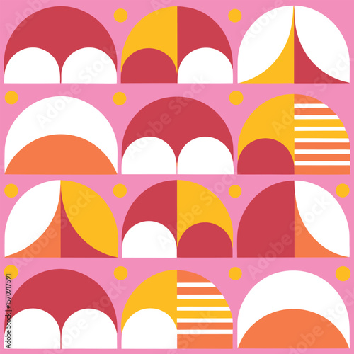 Colorful abstract geometric pattern featuring rounded shapes and symmetrical arrangements ideal for backgrounds and design projects