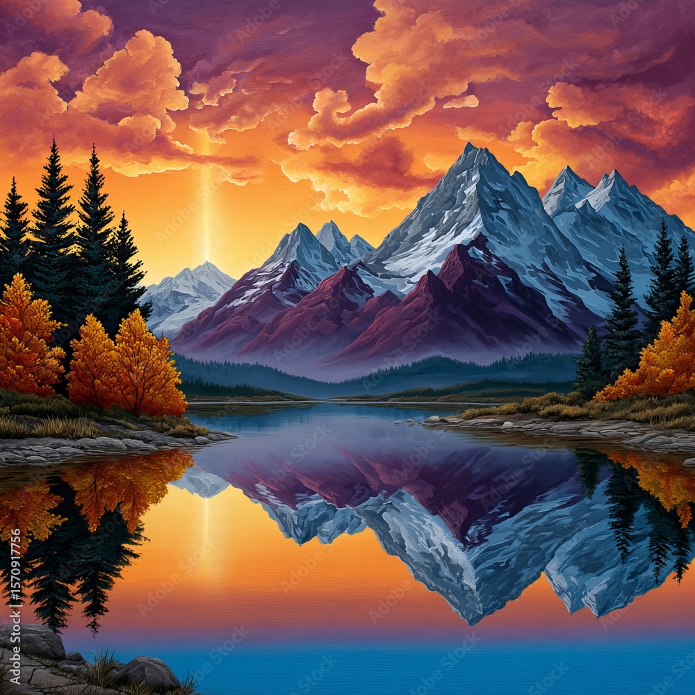 Obraz premium Majestic mountain range reflecting in a serene lake during a vibrant sunset isolated on white background