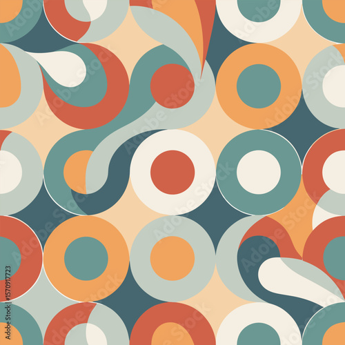 Delightful abstract geometric pattern featuring an interplay of rounded shapes creating a stylish retro design with vivid colors