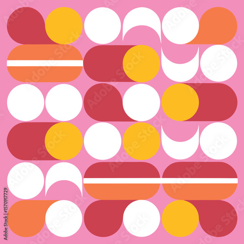 Dynamic abstract geometric pattern featuring rounded shapes and bold colors offers versatile design potential for diverse creative projects