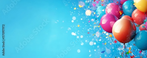 Group of glossy colorful balloons placed on a blue background, perfect for birthday, anniversary, or other celebratory events. Festive decorations for children's parties, Generative AI