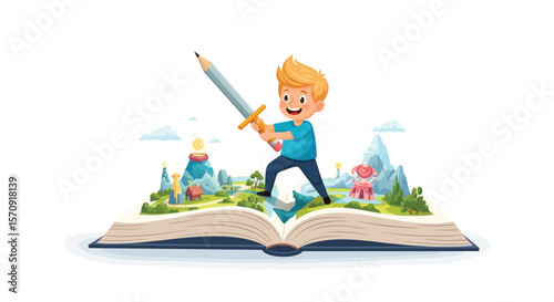 Book illustration of boy with pencil sword adventure fantasy story telling imagination creativity concept art
