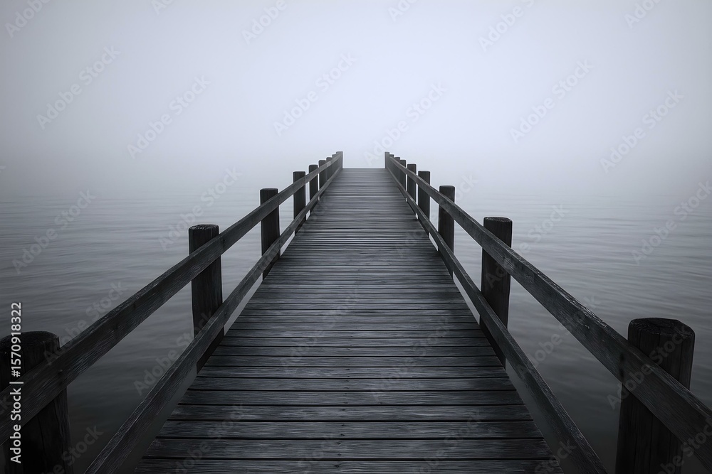 Fototapeta premium Pier into the Mist: A captivating visual of an old wooden pier extending gracefully into an ethereal expanse of misty water, creating a sense of mystery and journey's end.