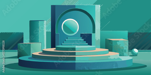 Teal geometric stage with arches and steps abstract