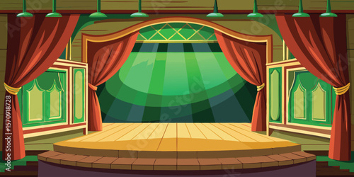Theater stage red curtains green backdrop vector