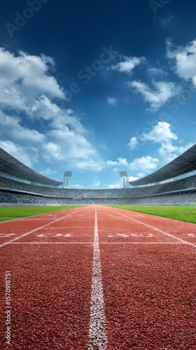 Vibrant red running track with green field and stadium under blue sky, dynamic sports competition scene with sunny atmosphere