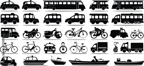 Collection of Silhouettes Featuring Cars, Buses, Mini Buses, Vans, Trolleys, Motorcycles, Scooters, Bicycles, Tricycles, Unicycles, Pickup Trucks, Delivery Trucks, Auto Rickshaws, and Various Boats.
