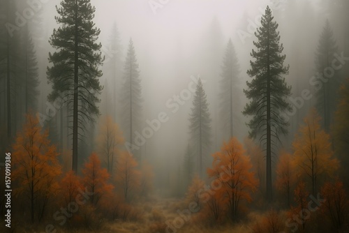 Misty Forest Path: A tranquil autumn scene where a path winds through a dense forest shrouded in a thick, ethereal mist. Tall pine trees stand sentinel on either side.