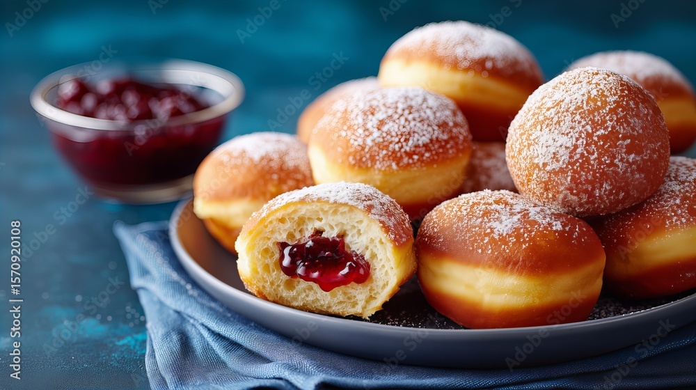 custom made wallpaper toronto digitalPolish Paczki Donuts with Cherry Jam and Powdered Sugar on Blue Plate