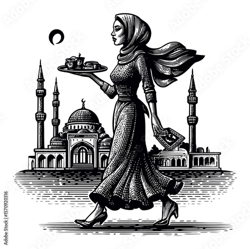 Elegant Woman Carrying Tray with Pastries in Front of Cityscape Illustration