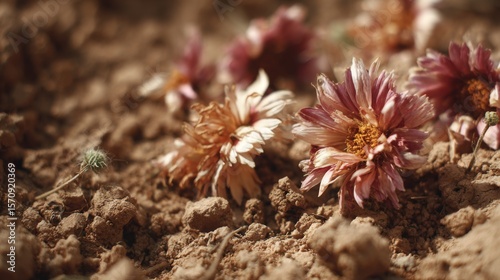 A close-up of wilting flowers and dry soil in a garden, highlighting the effects of heatwaves and drought on agriculture and plant life due to rising temperatures