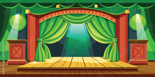 Traditional theater stage green curtains wooden floor