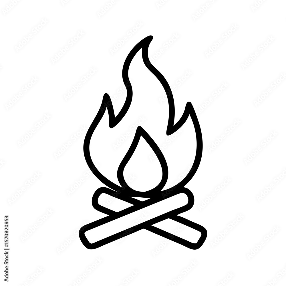 Campfire icon with flames and logs in minimalist line art style Campfire icon with flames and logs in minimalist line art style