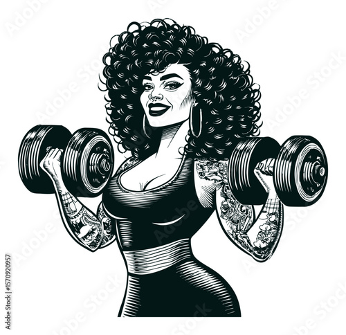 Strong Woman Lifting Weights in Retro Style Vector Illustration