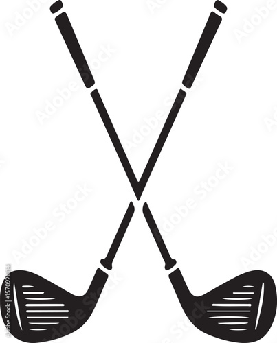 Crossed black golf clubs with grooved heads sport equipment