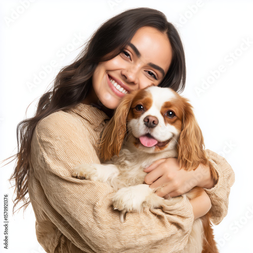 Woman and Dog Embrace , white background cut out PNG