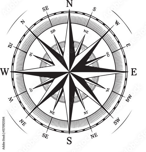 Black and white compass rose with directional markings and starburst design navigation north