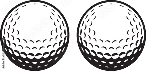 Two black and white golf balls with dimples sports graphic