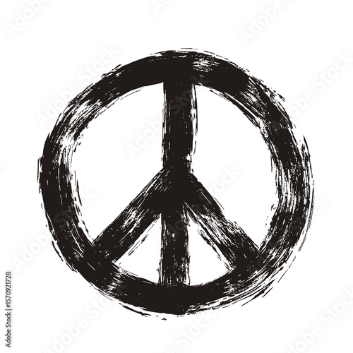 Grunge Peace Symbol Hand Drawn Black Ink, Hand drawn black peace sign with grunge brush texture, representing anti-war, harmony, activism, and freedom
