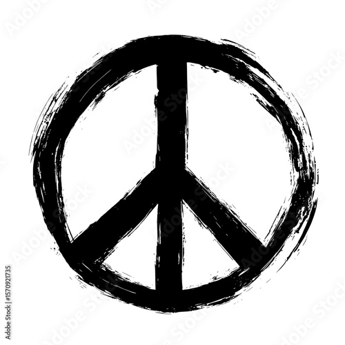 Grunge Peace Symbol Hand Drawn Black Ink, Hand drawn black peace sign with grunge brush texture, representing anti-war, harmony, activism, and freedom
