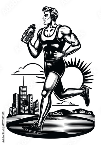 Athletic Man Running with Water Bottle in Urban Landscape Vector Illustration