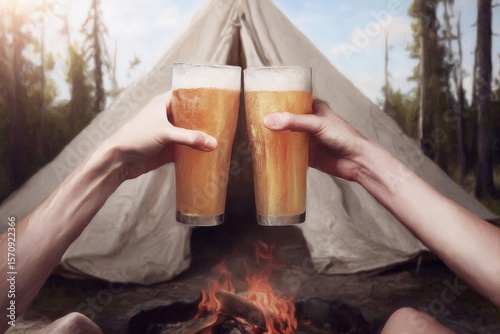 Two hands clinking glasses of beer in front of a camping tent. A campfire burns nearby, surrounded by trees and a clear sky.
