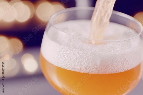 A close-up of a glass filled with golden beer, topped with a thick layer of foam. The background features soft, blurred lights, creating a festive atmosphere.