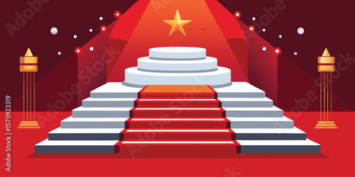 White tiered stage with red carpet and golden star
