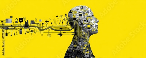 Abstract head silhouette merging technology with human cognitive patterns on yellow background