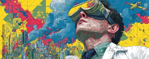 Colorful futuristic illustration of a man in goggles observing the sky