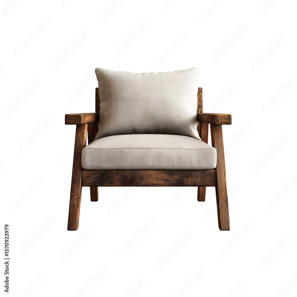 Rustic wooden armchair with light beige cushion comfortable seating home decor Rustic wooden armchair with light beige cushion comfortable seating home decor