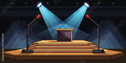 Wooden podium with microphones and spotlights stage