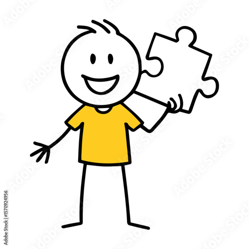 Joyful Stick Figure Holding Puzzle Piece. Cartoon Character Hand-Drawn Line Doodle Art Vector Illustration